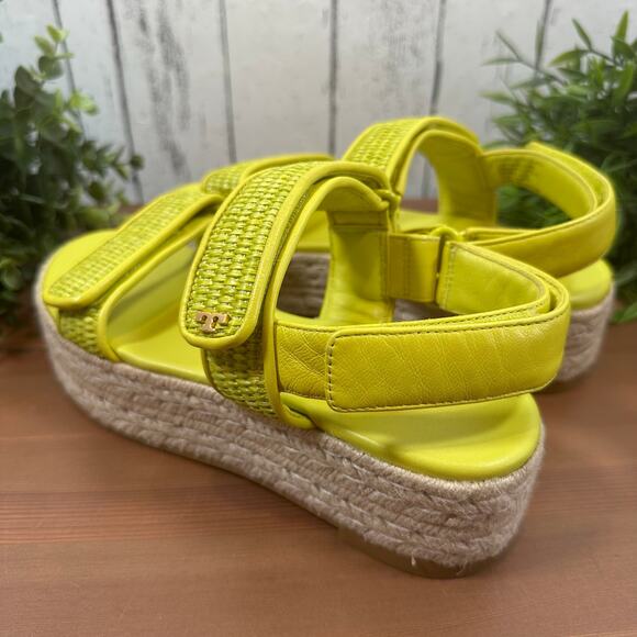 Tory Burch Sport Espadrille Raffia & Leather Platform Sandals Green Size 6 - Picture 4 of 8